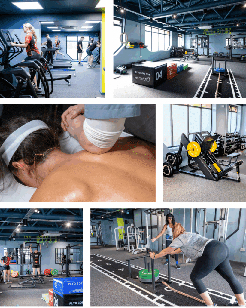 Image of the gyms various aspects e.g. Leg press, Squat Rack, Massage and cardio.