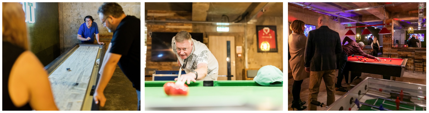 Image of guests playing games in the Dugout Sports Bar at Cedar Court Huddersfield - Photography by John Steel.